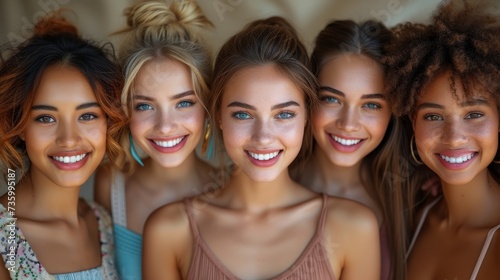 To promote skincare, a portrait, face and smile with a happy and natural female friend group indoors on a beige background is shown.