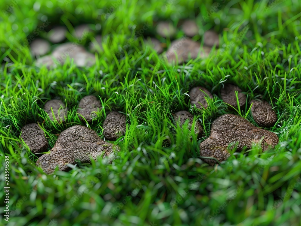 Hyper-realistic stock photo of paw prints in lush green grass field. Various sizes and shapes showcase intricate details of dogs, cats, and other animals. Distinct claw marks and texture of pads Hyper-realistic stock photo of paw prints in lush green grass field. Various sizes and shapes showcase intricate details of dogs, cats, and other animals. Distinct claw marks and texture of pads