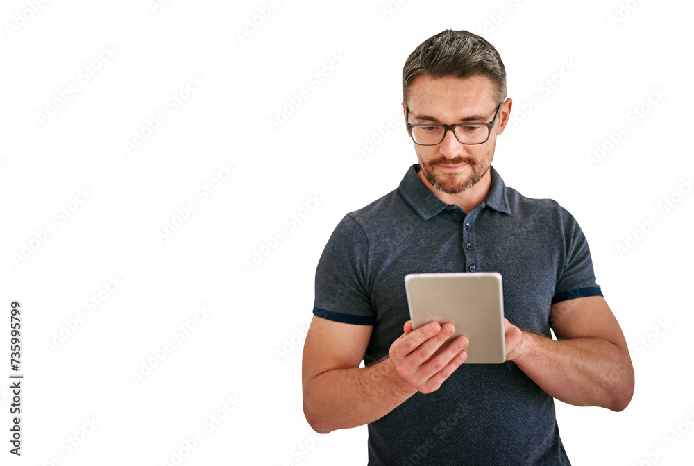 Tablet, research and design with man in glasses isolated on transparent background for creative business. Technology, email or social media with confident designer on PNG to search for information Tablet, research and design with man in glasses isolated on transparent background for creative business. Technology, email or social media with confident designer on PNG to search for information
