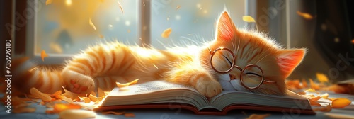 A sleepy little cat is reading a book indoors