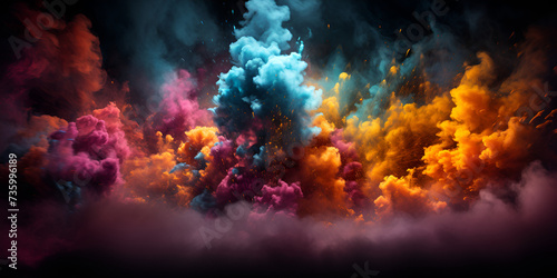 A vibrant and dynamic explosion of colored powder on a dark backdrop,   © Sohail