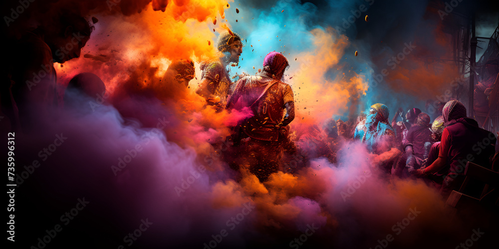 A colorful explosion with orange and purple smoke in the background, 
