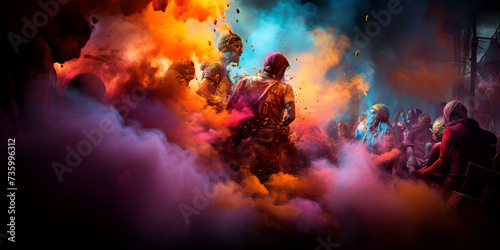 A colorful explosion with orange and purple smoke in the background   