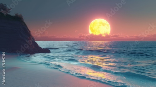 Tranquil sunset view of a serene shoreline, with undisturbed waves, warm colors, and a radiant glow. The peaceful ambiance invites contemplation and solace