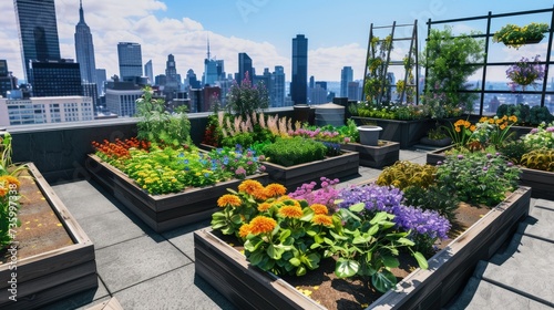 Vibrant rooftop garden in urban setting with raised beds, diverse plants, colorful flowers, herbs, veggies. Sustainability emphasized with compost bins and trellises