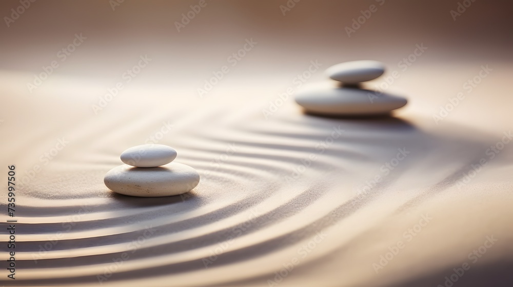 Zen stones with lines on the sand. Spa therapie and meditation concept Zen stones with lines on the sand. Spa therapie and meditation concept