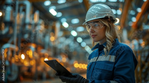 femme en tenue de chantier avec lunette de protection et casque photo