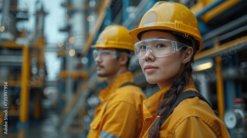 femme asiatique en tenue de chantier avec lunette de protection et casque