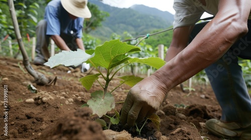 men are engaged in gardening  in the spring they plant new grape seedlings in the garden or in the field