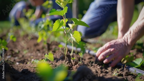 men are engaged in gardening  planting new seedlings in the garden or field in the spring
