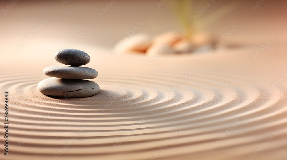 Zen stones with lines on the sand. Spa therapie and meditation concept Zen stones with lines on the sand. Spa therapie and meditation concept