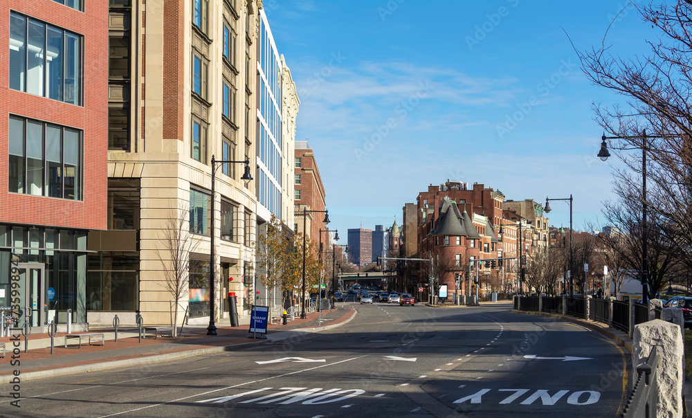 Scenic outlook of Commonwealth Avenue near Kenmore Square in Boston, MA, USA