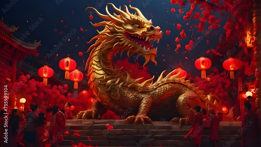 A vibrant Lunar New Year celebration: a majestic, golden dragon statue with intricate scales basks in the warm glow of countless red lanterns, while revelers in traditional dress cheer and fireworks i A vibrant Lunar New Year celebration: a majestic, golden dragon statue with intricate scales basks in the warm glow of countless red lanterns, while revelers in traditional dress cheer and fireworks i