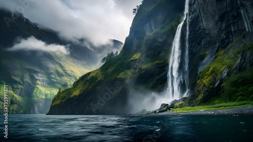 The Spectacular Splendour of a Roaring Fjord Waterfall amidst Rugged Mountains, Enveloped in Untouched Wilderness