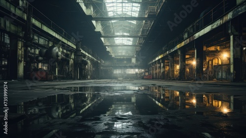 Abandoned ruined industrial building room interior.