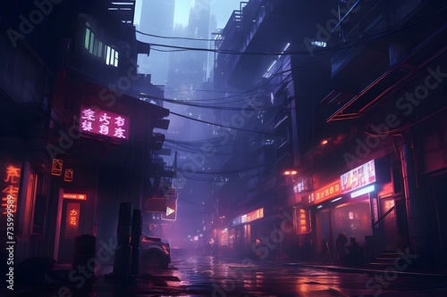 A cyberpunk-inspired alleyway with rain-soaked streets and neon reflections. © Saima