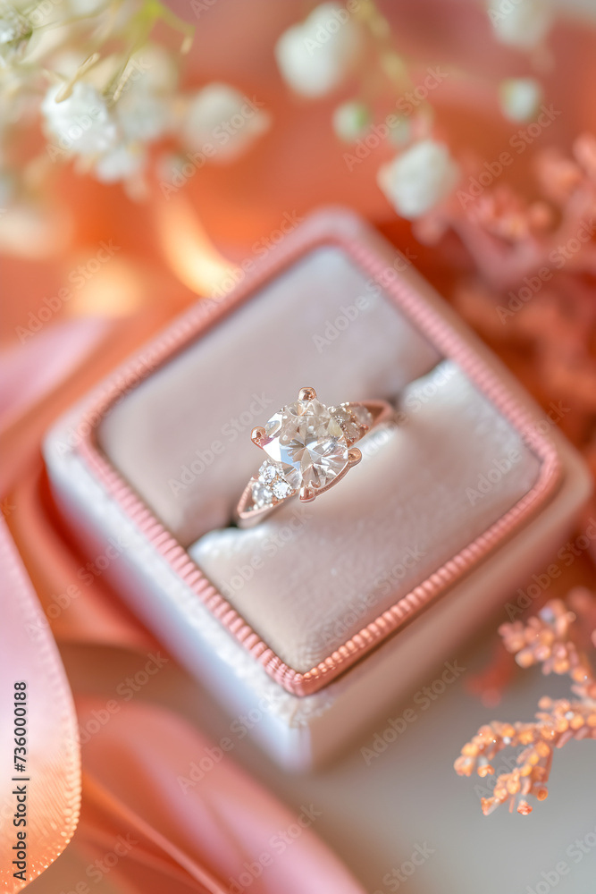 closeup photo of a diamond ring with a heart shaped design, in a satin pastel pink ring gift box, on a table with romantic modern pastel decor. closeup photo of a diamond ring with a heart shaped design, in a satin pastel pink ring gift box, on a table with romantic modern pastel decor.