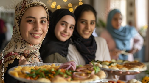 Muslim women in hijab celebrating Eid al-Fitr with gift and dates