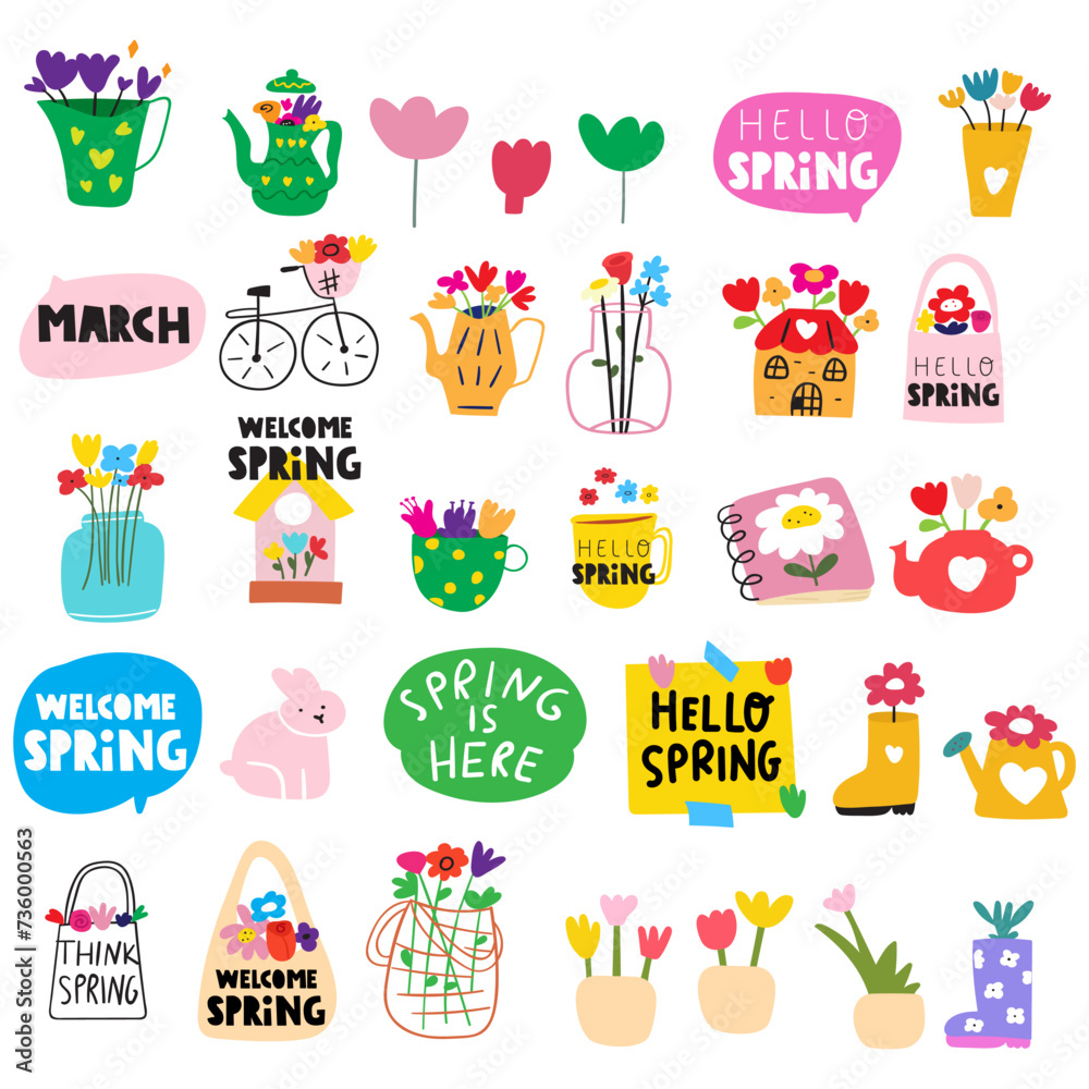 Collection of hand drawn elements. Spring time. Flat design. Vector illustrations. Isolated icons