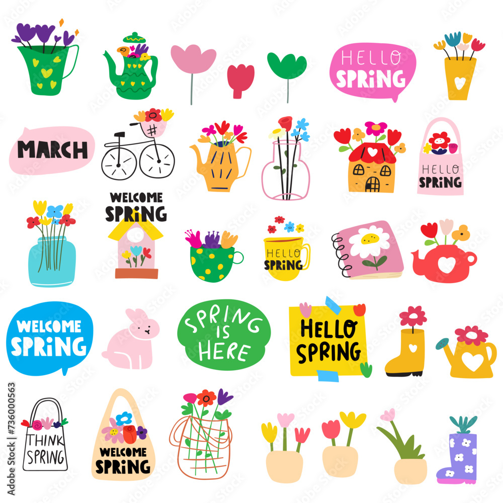 Collection of hand drawn elements. Spring time. Flat design. Vector illustrations. Isolated icons Collection of hand drawn elements. Spring time. Flat design. Vector illustrations. Isolated icons
