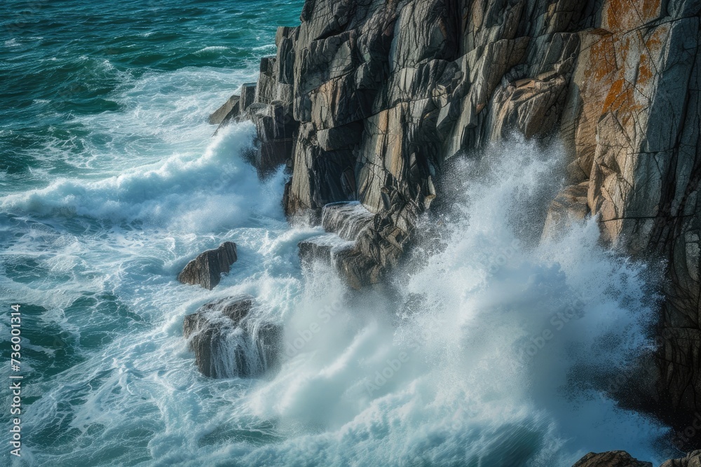 A coastal cliff with waves crashing against the rocks, illustrating the dynamics and unbridled energy of coastal landscapes.