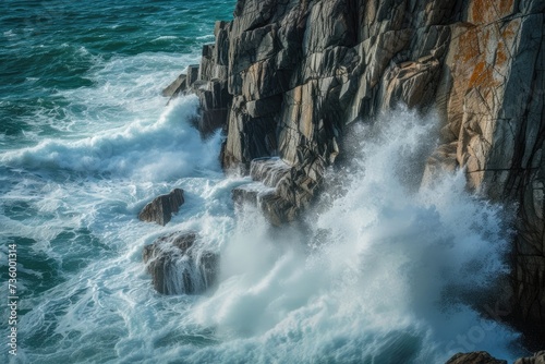 A coastal cliff with waves crashing against the rocks, illustrating the dynamics and unbridled energy of coastal landscapes.