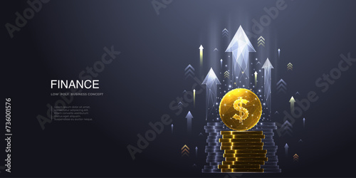 Abstract digital gold dollar coin and money stack with growth arrows up on technology background. Money profit. Economy and finance. Increase revenue concept. Low poly wireframe vector illustration.