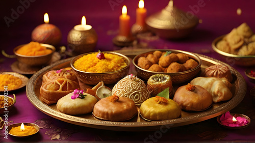  Indian Diwali Delights Trays of aromatic biryani, golden samosas, gulab jamun and jalebi - AI