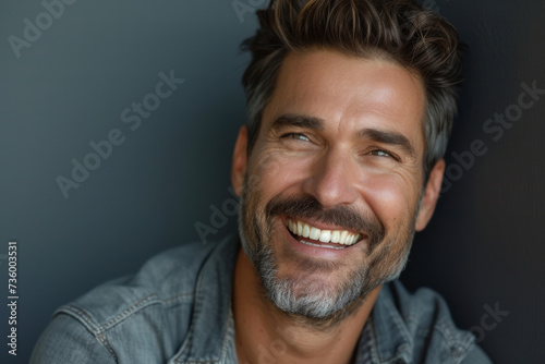 Handsome 40 age man happy face smiling looking at the camera, mature age man. Isolated on black background, copy space. bright smile on your face. Man looking at camera