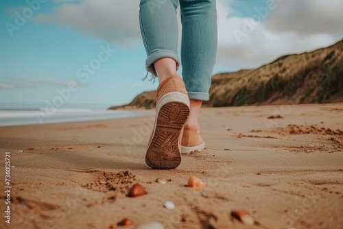 A close-up of a person's feet walking on a sandy beach symbolizing the simplicity and serenity found in coastal environments. 