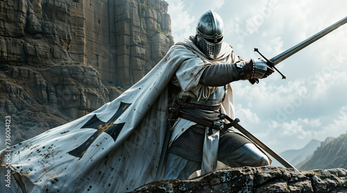 Knight templar crusader with a cape wielding a sword, medieval warrior chivalry concept photo