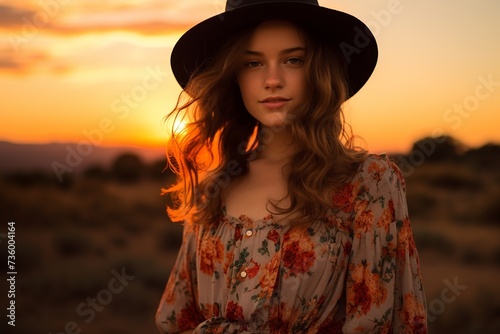 Bohemian Woman at Sunset in Wide-Brim Hat   © Kristian