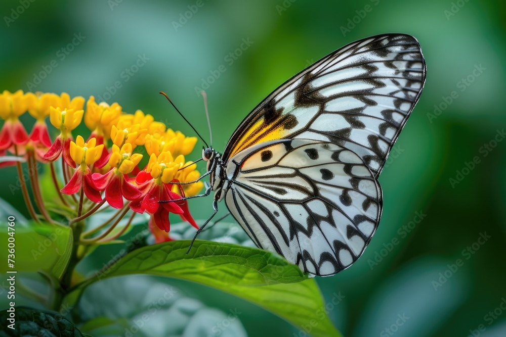Obraz premium A close-up of a butterfly perched on a colorful flower 