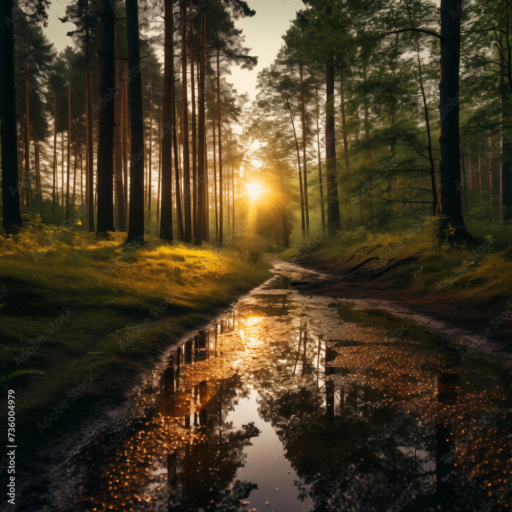 Autumn forest with sun rays