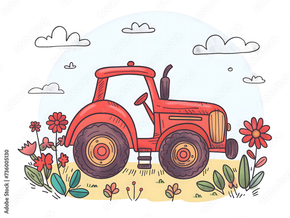 Illustration of a cartoon tractor with flowers on a background of sky and clouds in hand drawing style Illustration of a cartoon tractor with flowers on a background of sky and clouds in hand drawing style