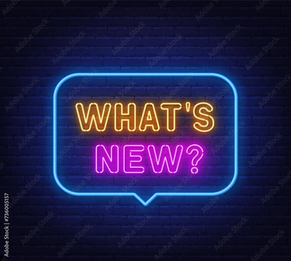 Obraz premium What s New neon sign in the speech bubble on brick wall background.