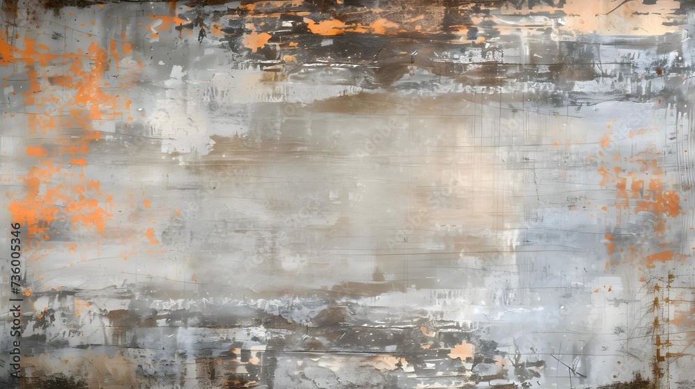Obraz premium Abstract expressionist painting with vibrant orange splashes on a muted gray backdrop, ideal for creative backgrounds.