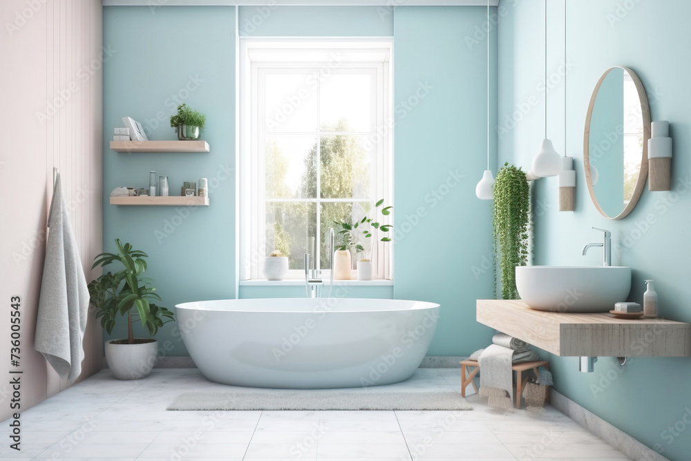 Design of a modern bathroom interior, shower cabin with toilet, sink in light colors.
