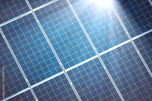 Close-up of solar panels with a bright sun flare  highlighting renewable energy sources.