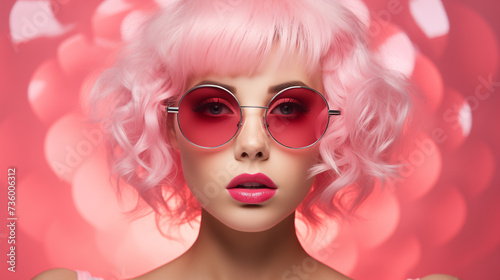 fashion model in pink sunglasses on pink background