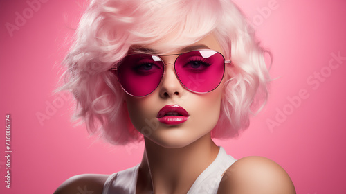 fashion model in pink sunglasses on pink background