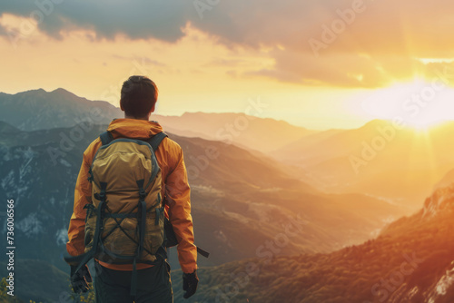 Close up back view of a calm man in a travel backpack standing on rock looking at mountains. Travelling concept.