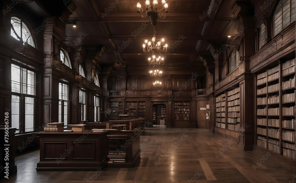 3D render of an old wooden library with a wooden floor.