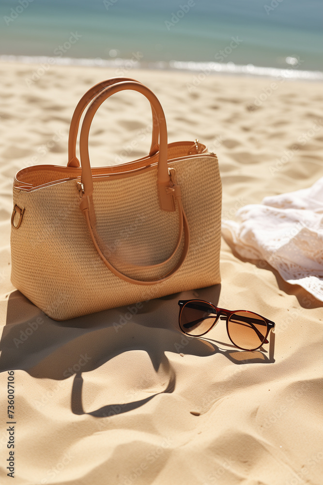 stylish woman 's bag with sunglasses near sea on sunny day. stylish woman 's bag with sunglasses near sea on sunny day.