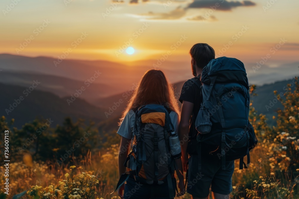 Close up back view of a calm man and woman in a travel backpack standing on rock looking at mountains. Travelling concept.