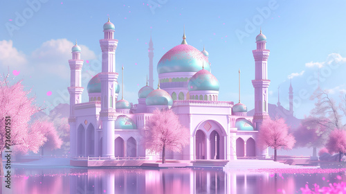 Ramadan kareem or eid mubarak,eid ul fitr or eid ul adha, Islamic Background Banner of big white pink 3d Mosque ,paradise theme