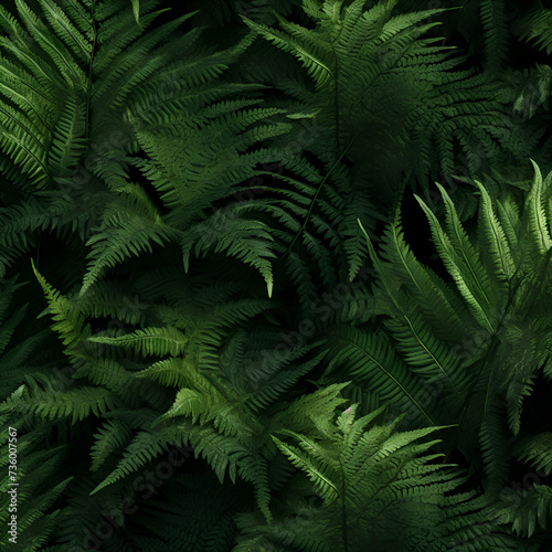 Green fern leaves on black background. Seamless pattern.