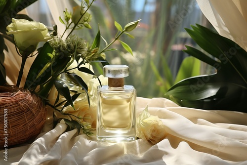 A transparent bottle with rectangular perfume on a background of light fabric surrounded by flora, close-up.
Concept: cosmetics, fragrance. Green, ferny or aromatic notes photo