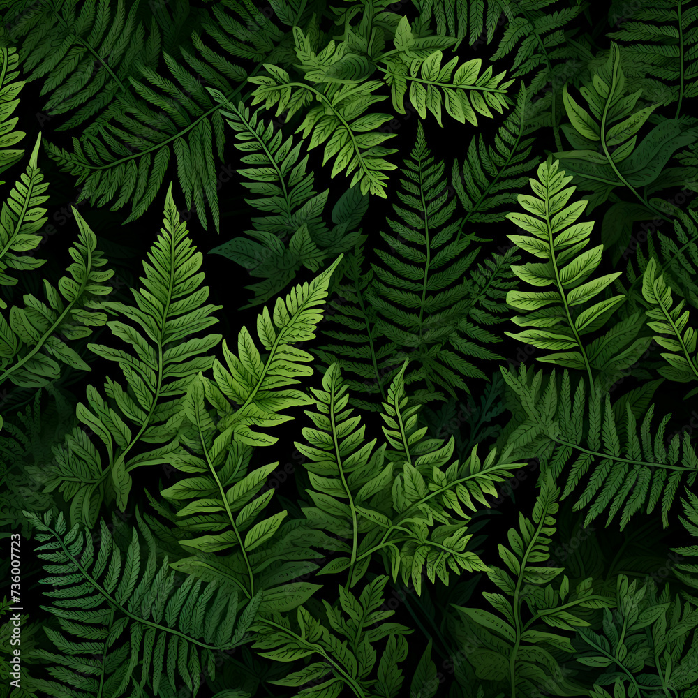Green fern leaves on black background. Seamless pattern.