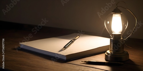 Lantern on a wooden table with a pen and a notebook